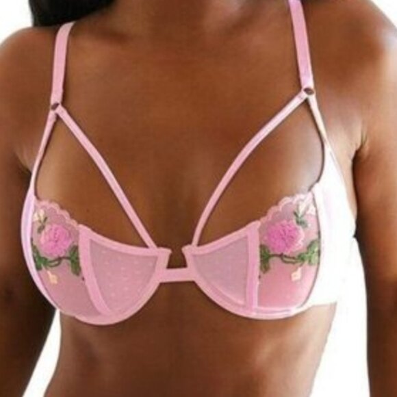 NWT Boutique Gorgeous Sexy Floral Embroidered Applique Mesh Lolita Bra S Pink - Picture 1 of 8